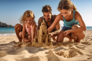 משפחה משחקת בחול בכרתים